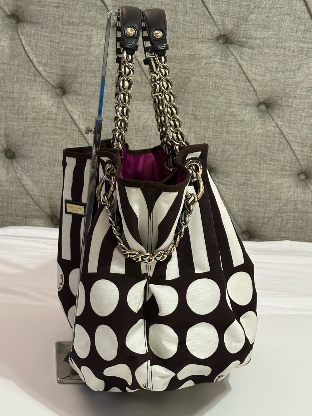 Henri Bendel Hot For Dots Tote Bag Brown White Rare Collector Handbag Dust Bag - Picture 4 of 16
